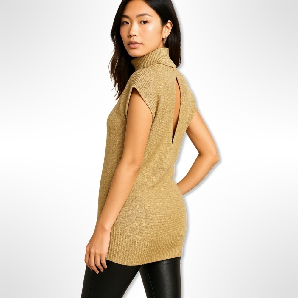 Vintage Gold Metallic Turtle Neck Sleeveless Sweater Open Back Size Small